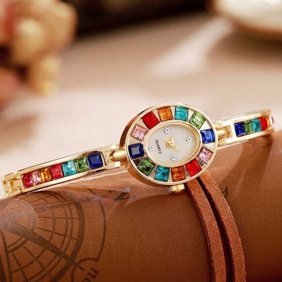 SALE 18k Gold Filled Crystal Quartz Rainbow Color Block Wrist Watch - Picture 2 of 8
